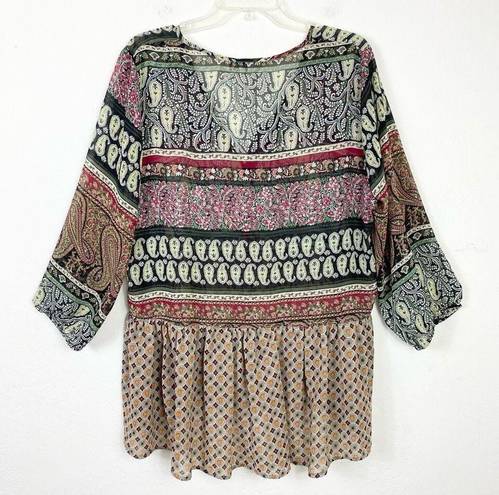 Umgee + Plus Size Multicolor Floral Paisley Boho Long Sleeve Henley Peplum Top XL