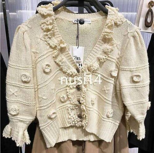 ZARA  NWOT Ruffled Floral Gem Button Down Knit Cardigan Sweater in Ivory Cream