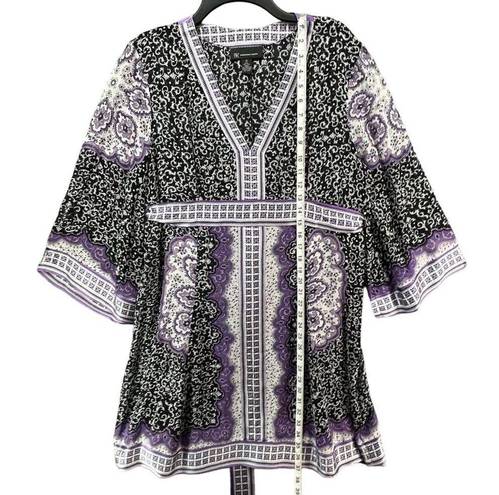 INC  Kimono Dress Womens 14 Purple Black Paisley Silk Chiffon Tie Belt Festival