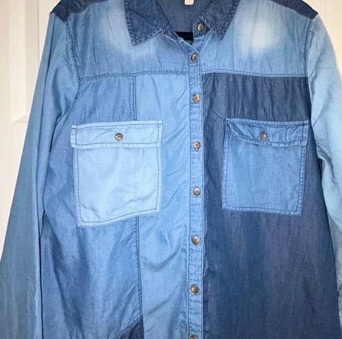 Pilcro Anthropologie Color Block Chambray Denim Long Sleeves Button Front Shirt Top