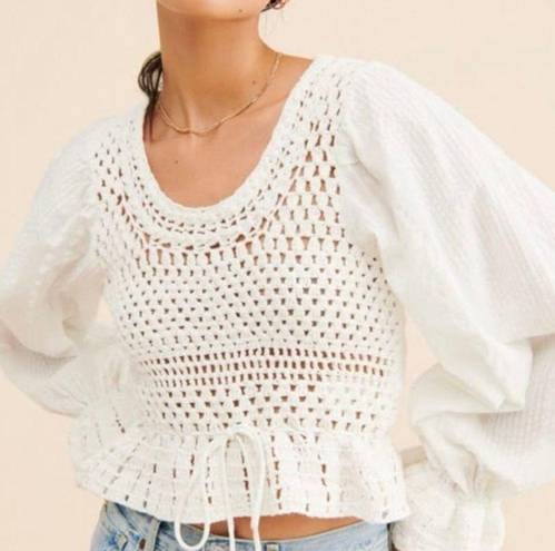 Free People NWT  - Megan Crochet Knit Ivory Top XS Boho Peasant Festival Blouse