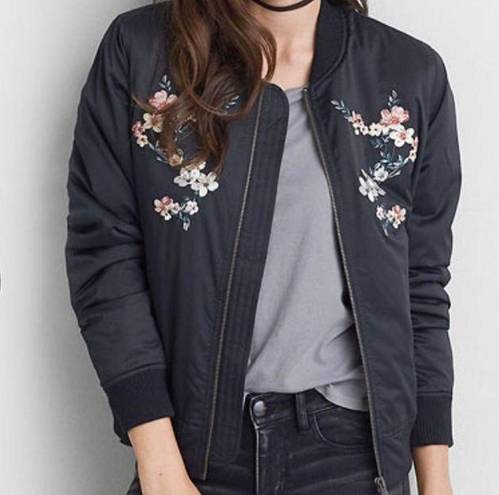 American Eagle Floral Embroidered Black Puffer Bomber Jacket