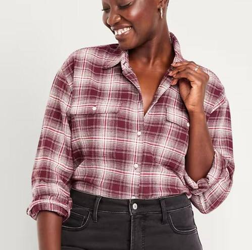 Old Navy  NWT Maroon White Plaid Loose Flannel Boyfriend Shirt