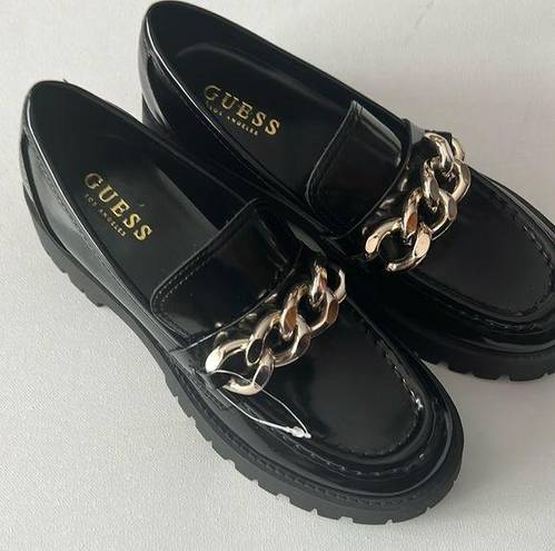 Guess  Women's Hillford Shiny Black Faux Leather Platform Chunky  Loafers Sz 7.5