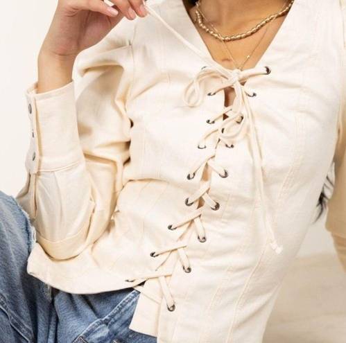 Bohme  Micah Corset Top Puff Sleeve Lace Up Denim Blouse Ivory Cream Size Small