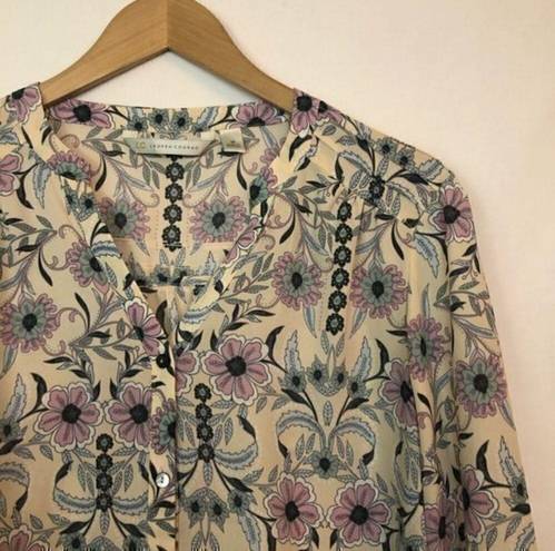 LC Lauren Conrad  Peach Blue Purple Floral Long Sleeve Semi Sheer Button Down MED