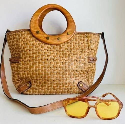 Fossil  Tan Woven Leather Wooden Top Handle Crossbody Medium Tote Bag