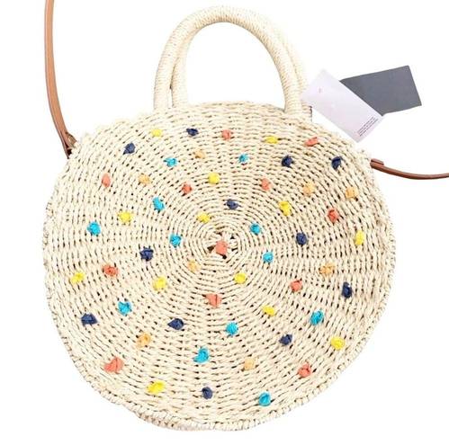 The Loft  Outlet Rattan Wicker Circle Purse Colorful Pom Poms Shoulder Bag NWT OS