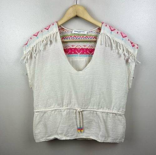 Amanda Uprichard  Embroidered Fringe Shirt Top Size Large Cropped Ivory Boho