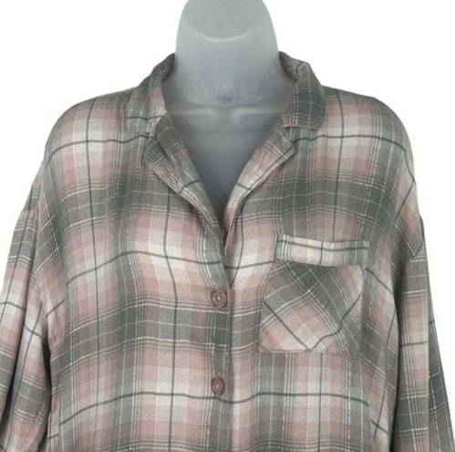 Cynthia Rowley  Womens Pink Gray Plaid Button Up Sleepwear Pajama Shirt S…