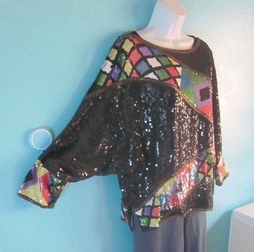 Scala  Vintage Sequin Top Womens Size L Long Dolman Sleeve Blouse Silk Colorful