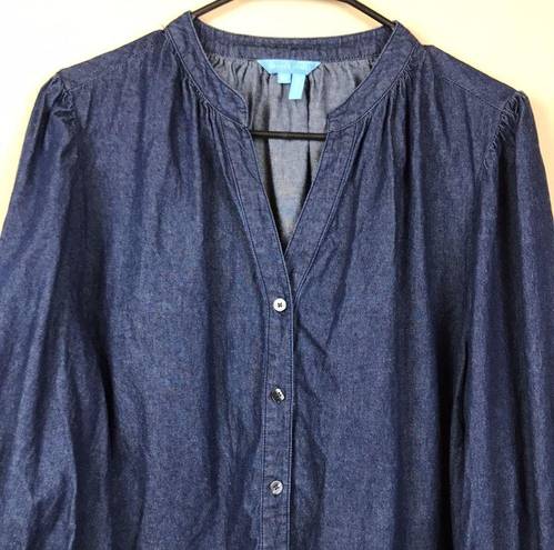 Draper James  Women’s Chambray Dark Blue Split V-Neck Pleated Button-Up Shirt