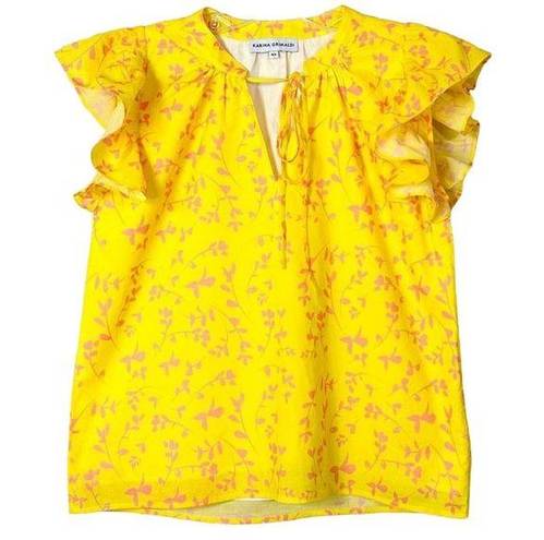 Karina Grimaldi  Women's V Neck Tassel Flutter Sleeve Floral Top Bright Yellow XS