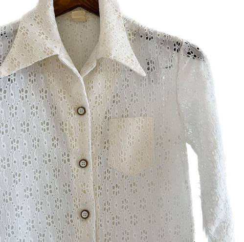 Daisy Vintage 70s  lace ruffle off white wide collar button down blouse size M