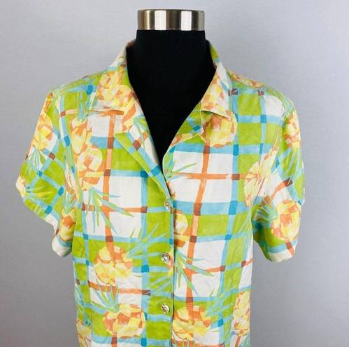 The Moon Pineapple Womens Medium M Silk Abstract Pineapple Print Button Down Shirt