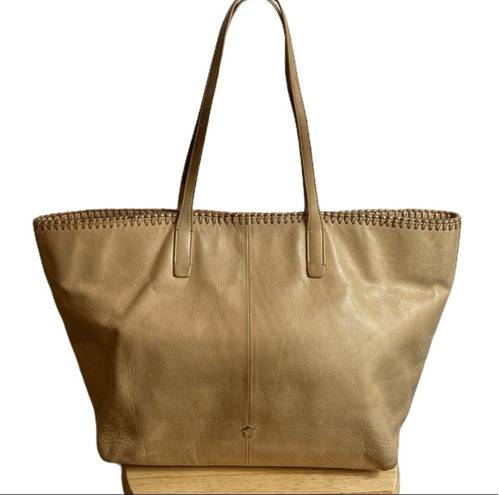 Ash  Beige Leather Tote Whip Stitch Fringe