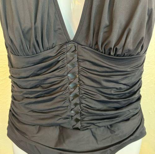 Bleu Rod Beattie  One-Piece Halter Swimsuit Deep V Ruched Slimming Black SZ 14