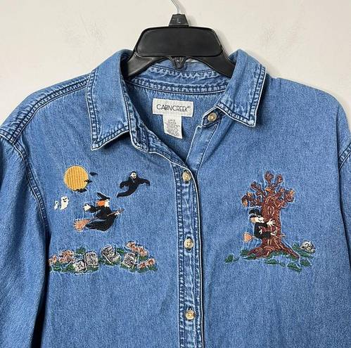 Cabin creek  Halloween Embroidered Witch Denim Button Down