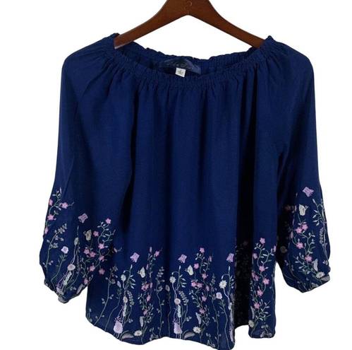 Blue Rain Blue Embroidered Peasant Top SMALL Butterfly Floral Babydoll Off Shoulder Boho