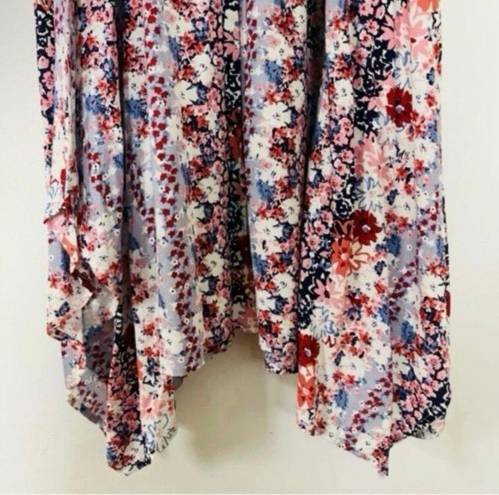 Jessica Simpson Floral Blue Pink Maxi Dress Asymmetric Hem Ruched Waist Sleeveless