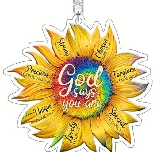 Petal New Sunflower Bag Charm Keychain "God Says You Are" each  has an attribute