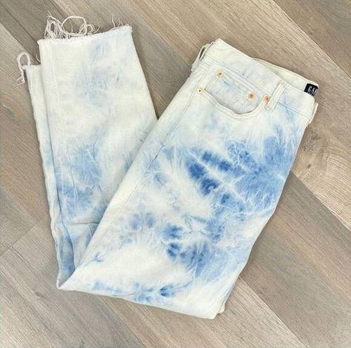 Gap  Tie Dye High Rise Raw Hem Cropped Boyfriend Jeans White Blue 10