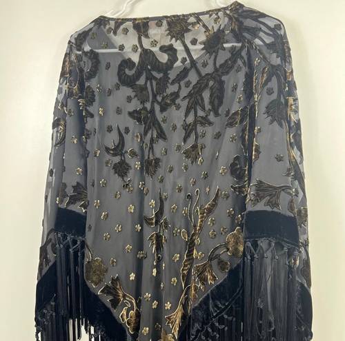 Chico's 🖤🖤Gorgeous CHICO’S Gypsy/Boho Sheer Black & Gold Floral Velvet Burnout with Fringe. Poncho, Shawl, Scarf. OSFM 🖤🖤