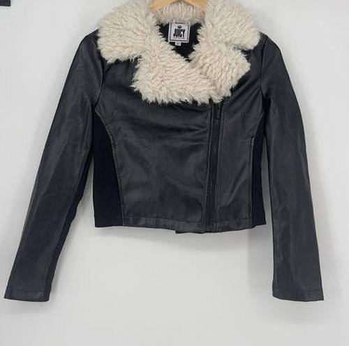 Juicy Couture  Jacket Faux Leather Bomber Motorcycle Fur Collar Coat Black Sz XS