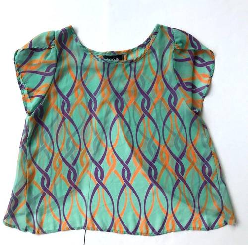 fab'rik  Blouse Small? Sheer Swing Back Flowy Abstract Artsy Festive Retr…