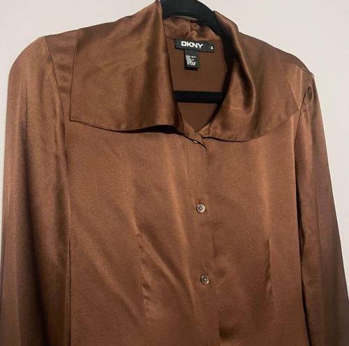 DKNY  100% Silk Dark Brown Collar Button Front Long Sleeve Blouse Top Size 6