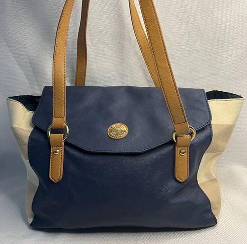 Tommy Hilfiger  Shoulder Bag/Tote in Navy Leather & Cream Striped Fabric, EUC