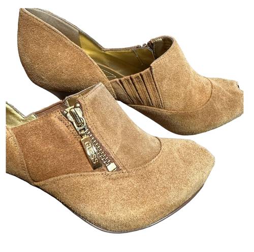 Guess Davynn Camel Ankle Booties  Leather/Suede Peep Toe Heel  size 8.5M