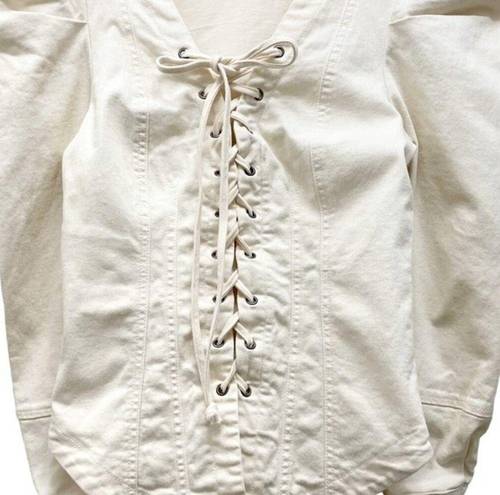 Bohme  Micah Corset Top Puff Sleeve Lace Up Denim Blouse Ivory Cream Size Small