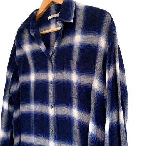 Vince  Soft Relaxed Brushed Plaid Button Down Long Sleeve Top Blue White Small