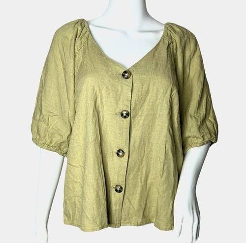 Harper  Women's Blend Blouse Tan Linen Cotton Blend Short Sleeve Puff Sleeve