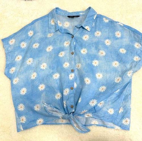 Daisy EUC Charlie B  pattern light cornflower blue tie button down linen top XXL