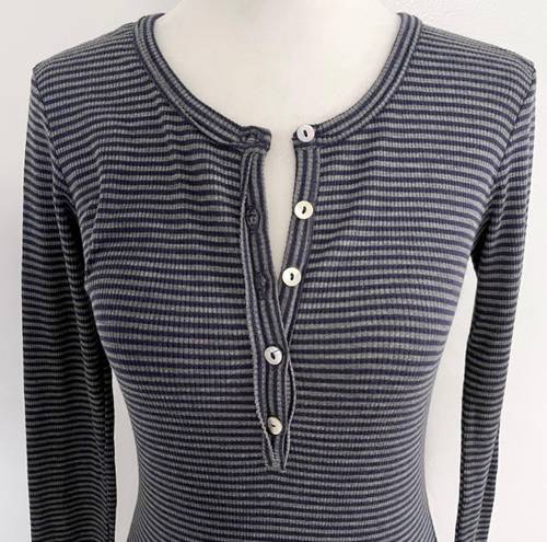 LA Made New  Striped Ribbed Knit Long Sleeve Henley Mini Dress Navy Grey