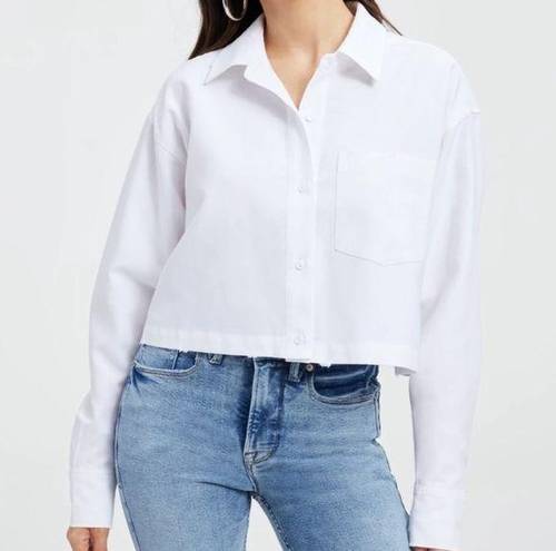 Good American  White Distressed Cropped Oxford Button-Down Shirt