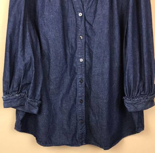 Draper James  Women’s Chambray Dark Blue Split V-Neck Pleated Button-Up Shirt