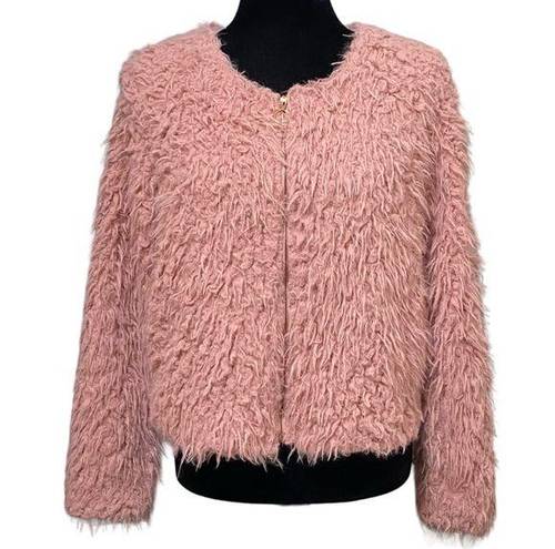 Candie's  Pink Fluffy Cropped Full Zip Jacket Furry Shag Coat Size Small