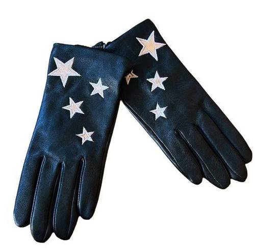 AQUA  Gloves Black Genuine Leather Lined Embroidered Stars Designer Medium NWT