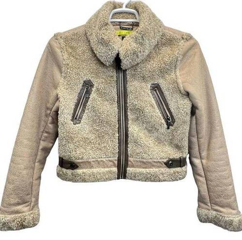 Bernardo Ashley B  Faux Fu Jacket Cream Size M Cropped Sherpa Elbow Patch Zippers