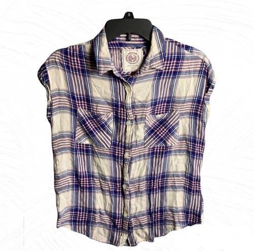 SO Grayish White Red & Blue Plaid Flannel Sleeveless Shirt Wm S