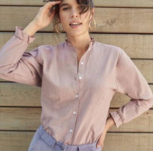 Petal Loup Liz Ruffle Button Up Cotton Blouse Top in  Pink Mauve