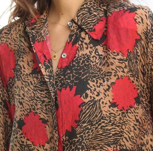 Oscar de la Renta  silk button down with abstract cheetah & floral print