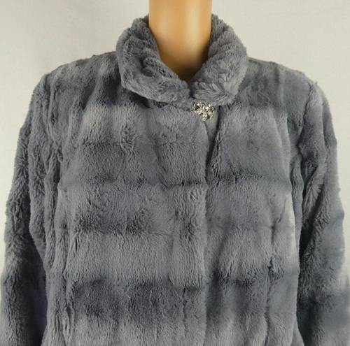 Dennis Basso Dennis by  Faux Fur Grey Coat Jacket Rhinestone Brooch Closure Large