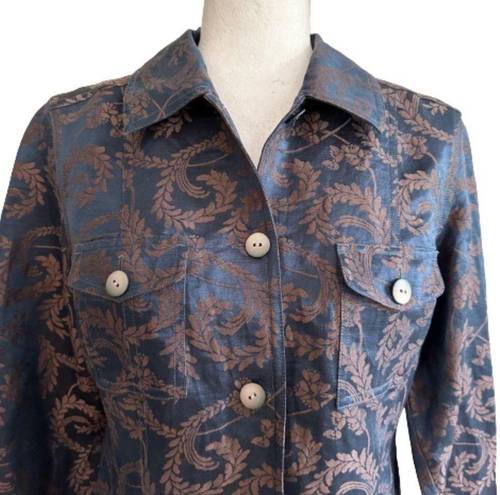 J.Jill  Jacket Top Blue Brown Scroll Linen Silk Blend Lightweight Jacket Size 4