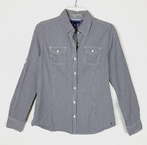 Tommy Hilfiger  Grey & White Pinstriped Long Sleeve Button Up Shirt