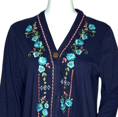 Coldwater Creek  Sweater Women Small Navy Blue Embroider Floral Cardigan Bohemian