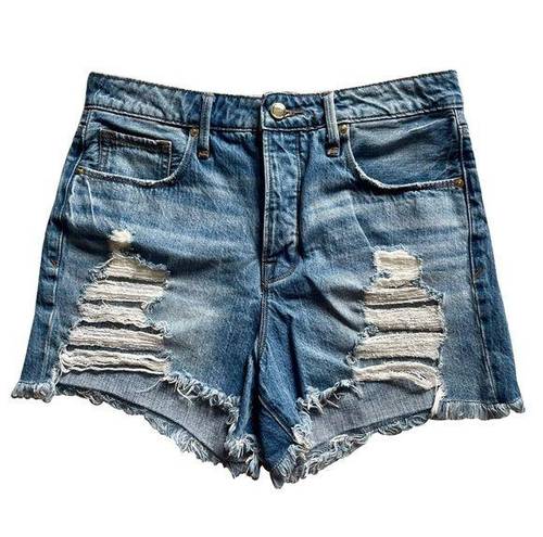 Good American  Ultra High Rise Destroyed Distressed Denim Mini Booty Shorts 28